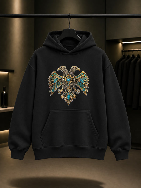 Çift Başlı Kartal Baskılı Unisex %100 Pamuk Kapüşonlu Sweatshirt · Selçuklu Motifi