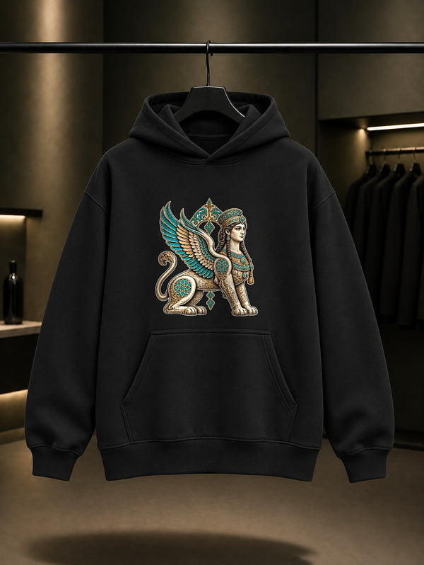 Selçuklu Sfenksi Baskılı Unisex %100 Pamuk Kapüşonlu Sweatshirt · Selçuklu Motifi