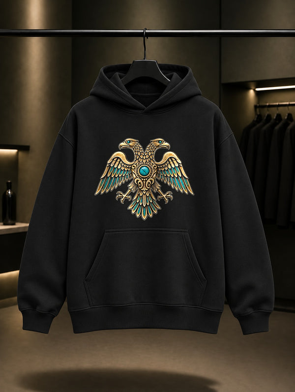 Mini Çift Başlı Kartal Baskılı Unisex %100 Pamuk Kapüşonlu Sweatshirt · Selçuklu Motifi