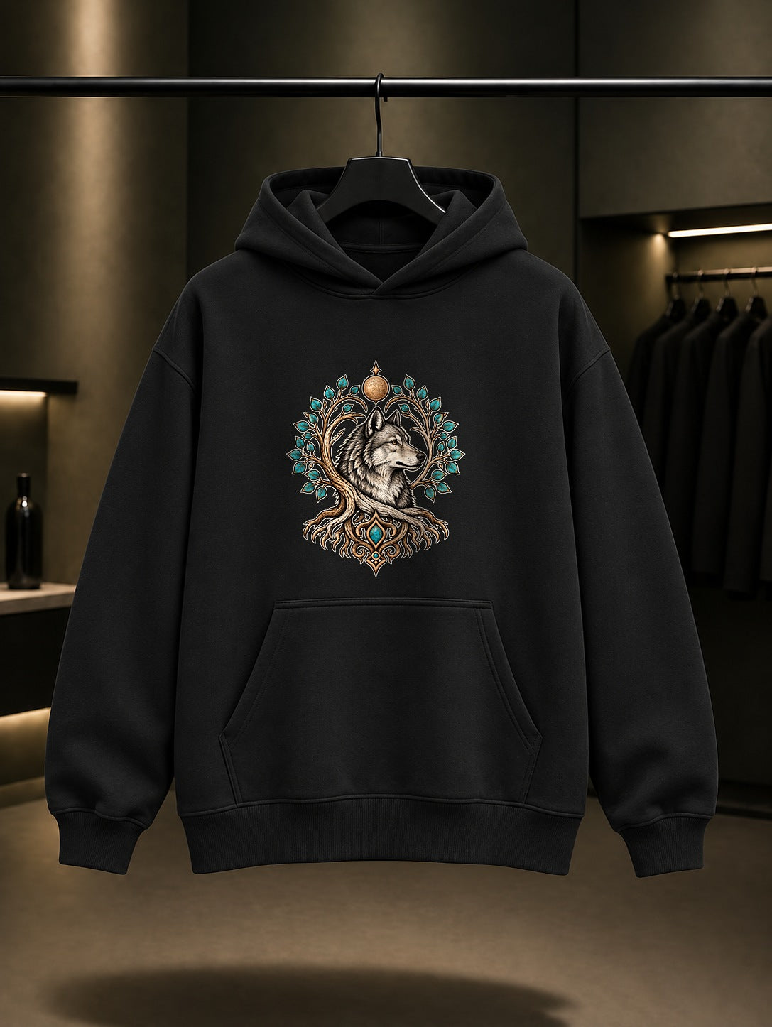 Kurt ve Hayat Ağacı Baskılı Unisex %100 Pamuk Kapüşonlu Sweatshirt · Türk Mitolojisi