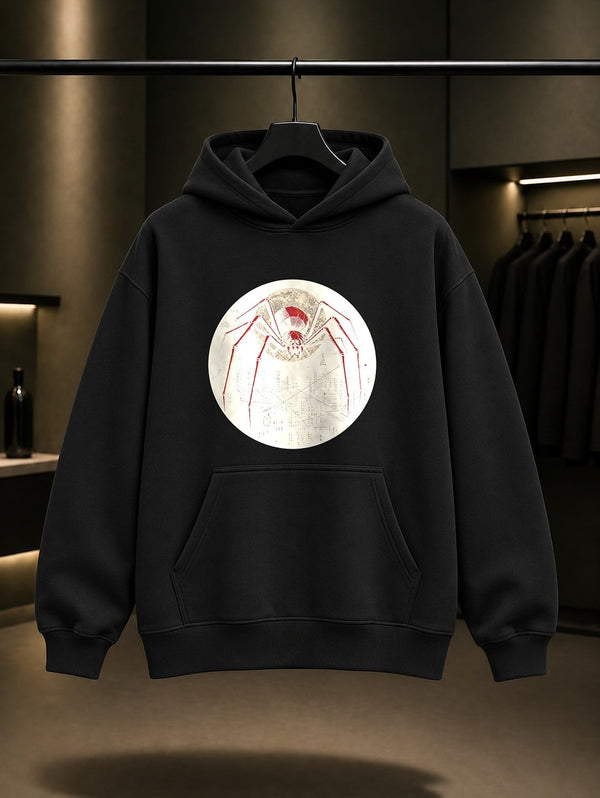 Ay ve Şehir Örümceği baskılı siyah kapüşonlu sweatshirt