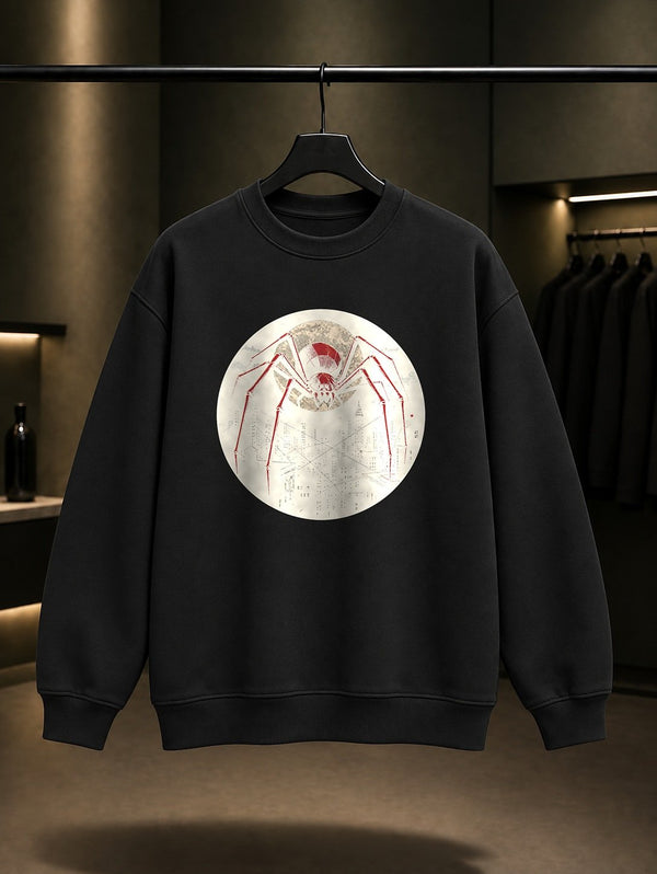 Ay ve Şehir Örümceği baskılı siyah sweatshirt