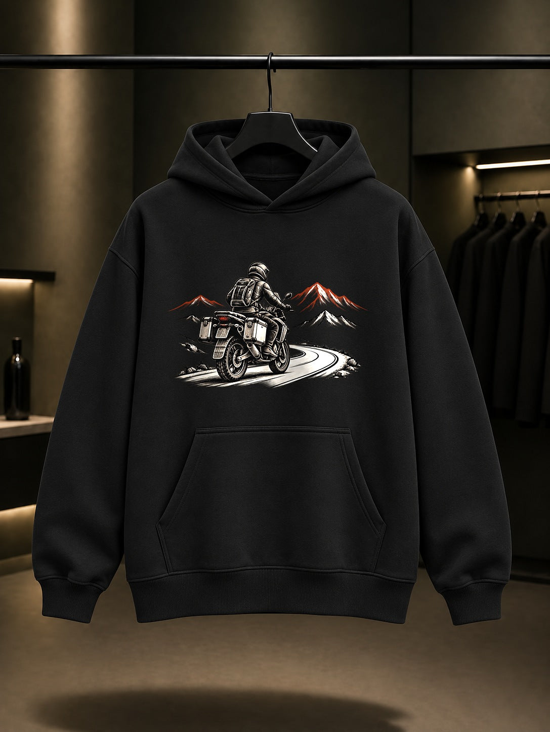 Dağ Rotası Baskılı Unisex %100 Pamuk Kapüşonlu Sweatshirt · Motosiklet