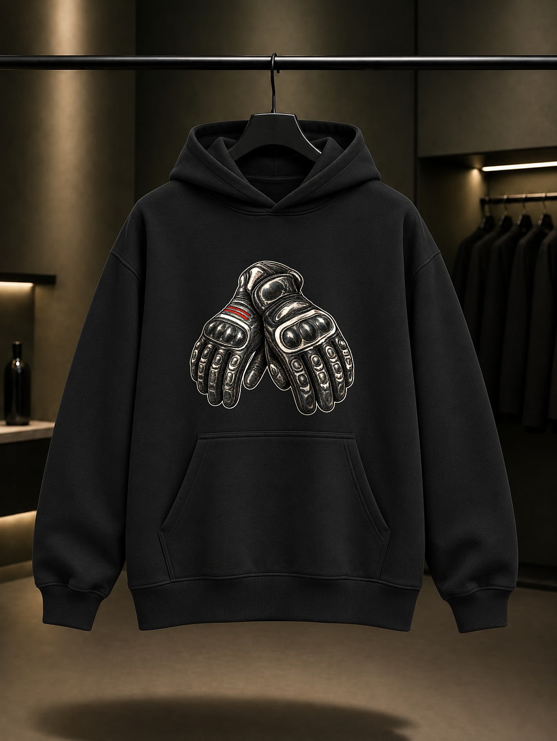 Mini Eldiven Baskılı Unisex %100 Pamuk Kapüşonlu Sweatshirt · Motosiklet