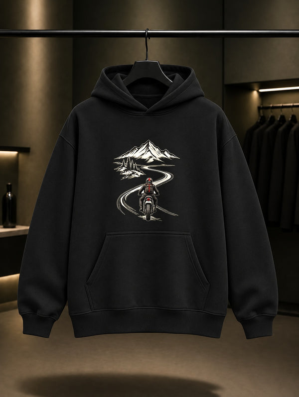 Mini Yol Baskılı Unisex %100 Pamuk Kapüşonlu Sweatshirt · Motosiklet