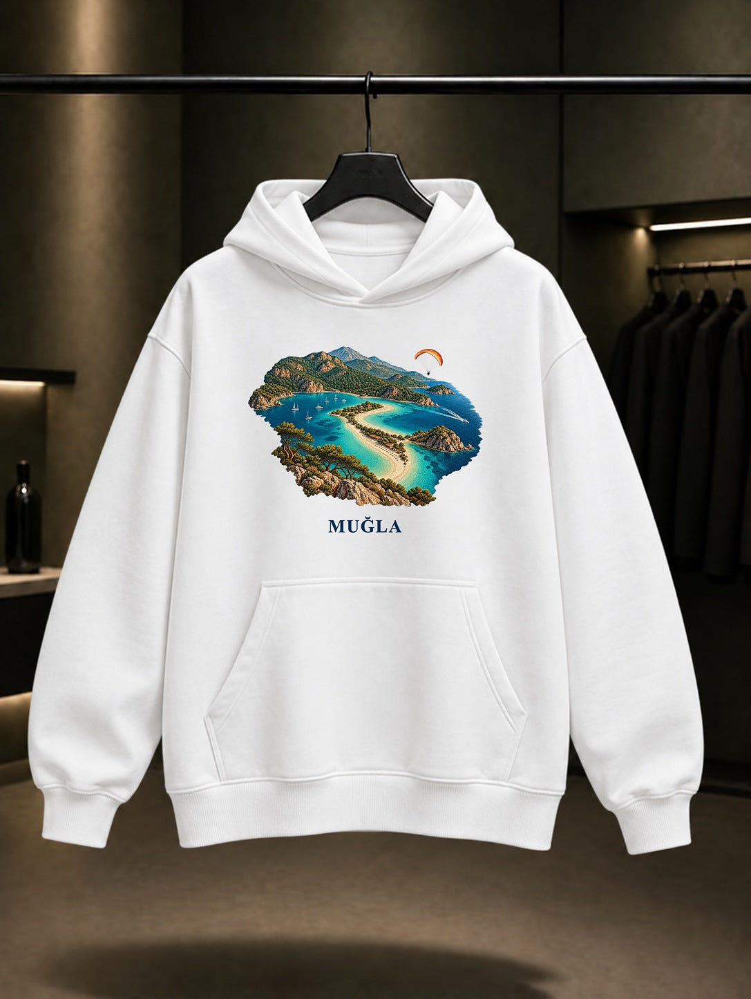 Muğla Ölüdeniz baskılı beyaz kapüşonlu sweatshirt