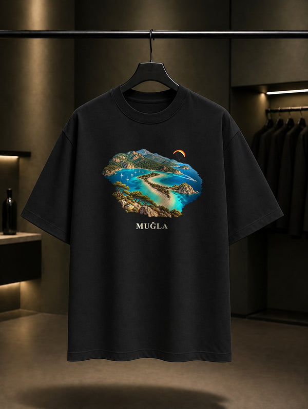 Muğla Ölüdeniz baskılı siyah t-shirt