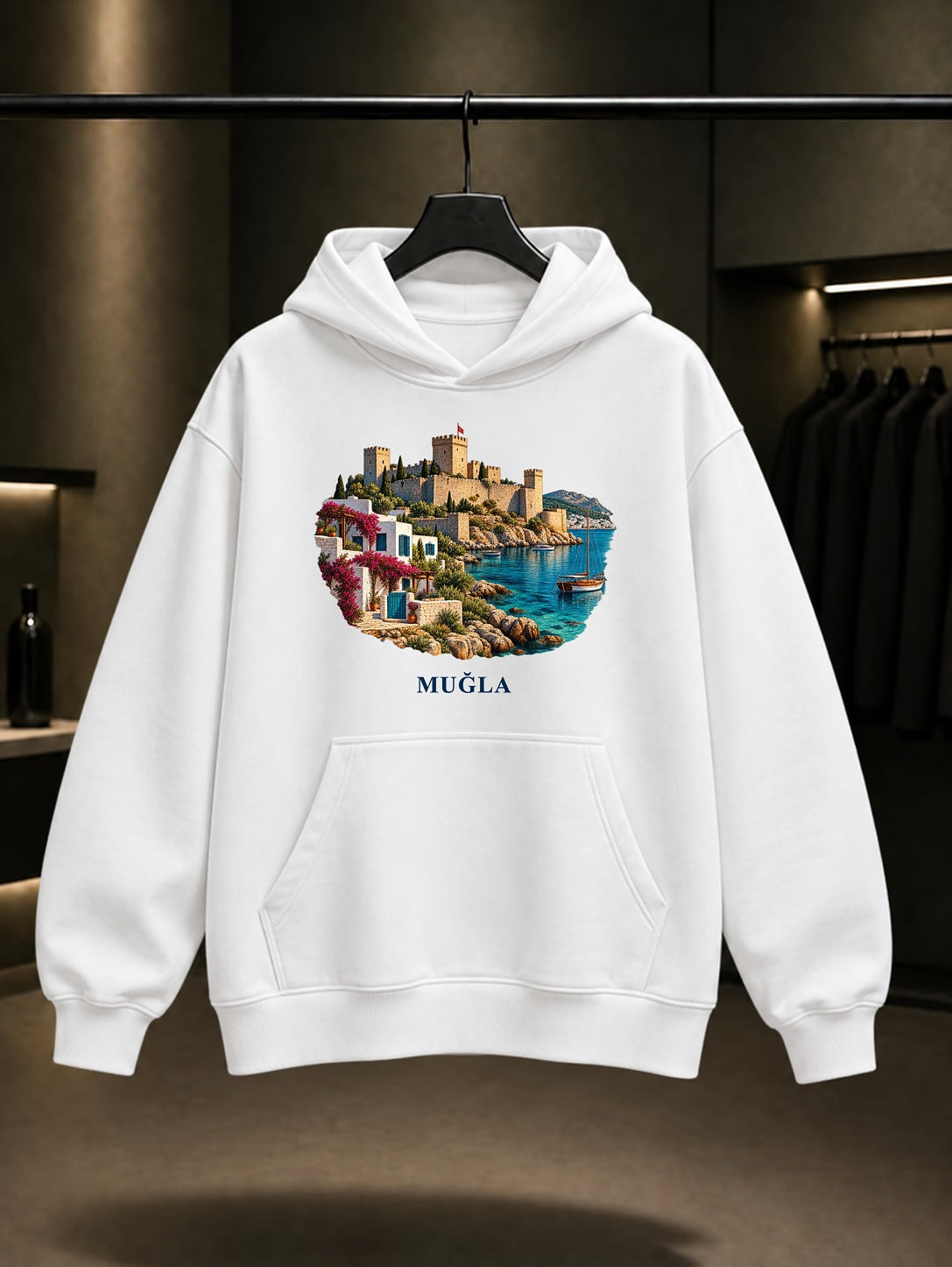 Muğla Bodrum Kalesi baskılı beyaz kapüşonlu sweatshirt