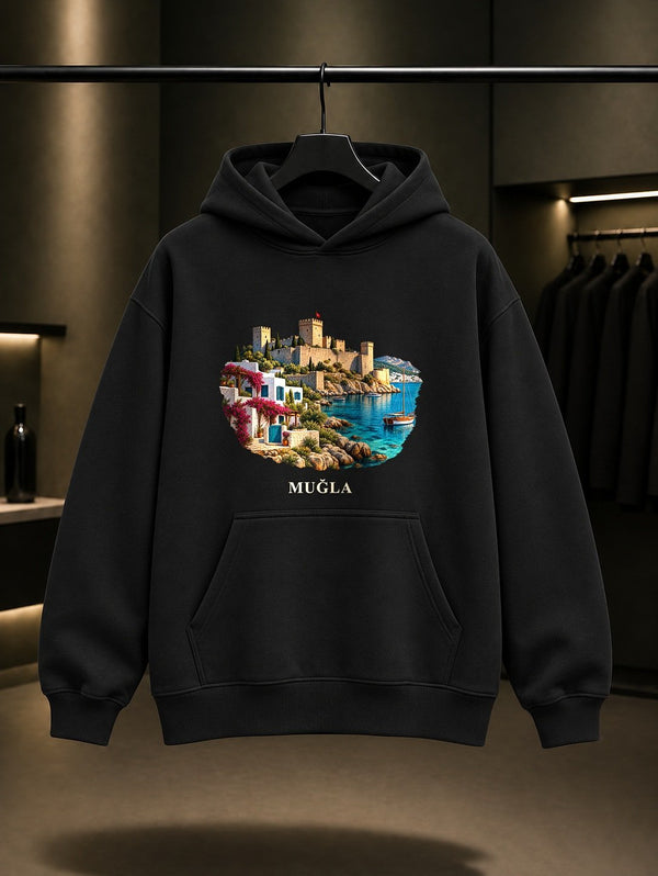 Muğla Bodrum Kalesi baskılı siyah kapüşonlu sweatshirt