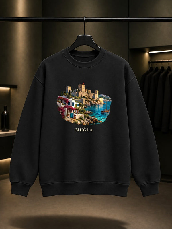 Muğla Bodrum Kalesi baskılı siyah sweatshirt