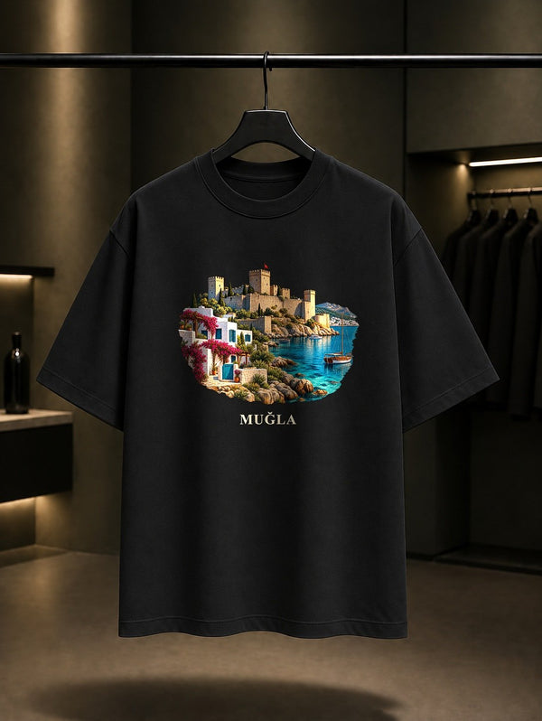 Muğla Bodrum Kalesi baskılı siyah t-shirt