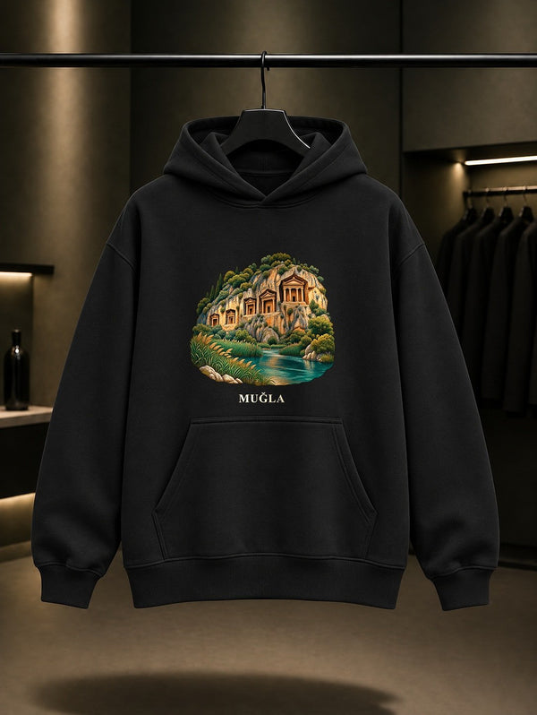 Muğla Kaunos Kaya Mezarları baskılı siyah kapüşonlu sweatshirt