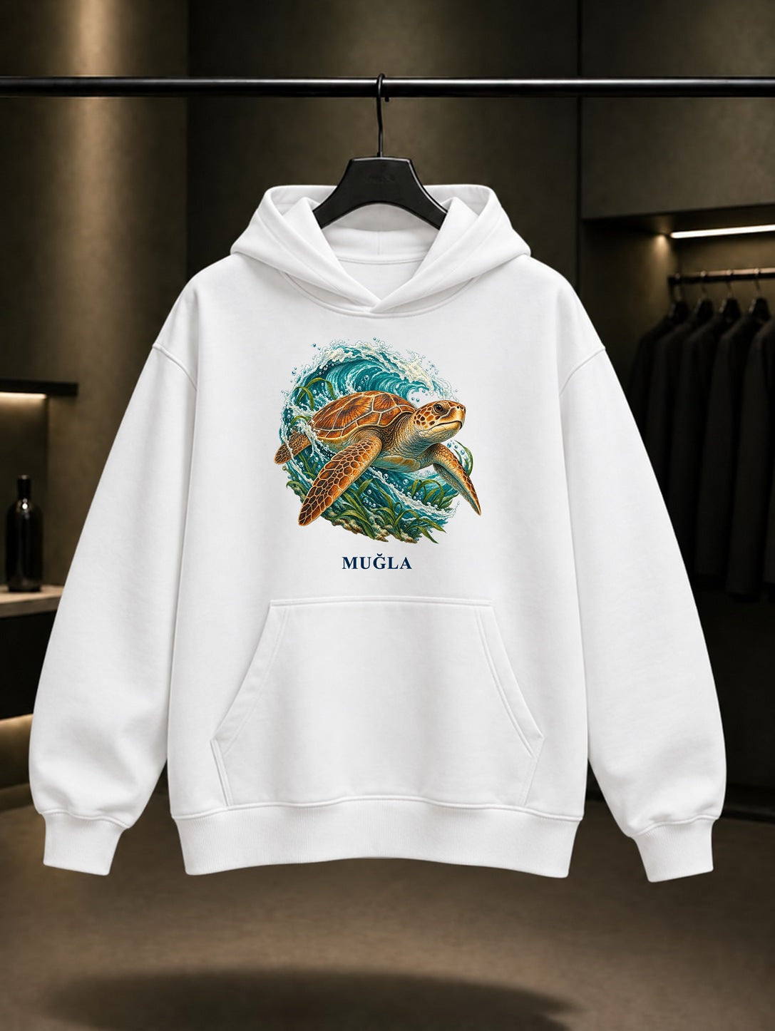 Muğla Caretta Caretta baskılı beyaz kapüşonlu sweatshirt