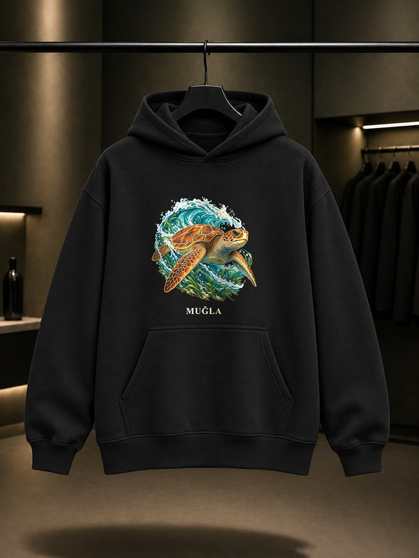 Muğla Caretta Caretta baskılı siyah kapüşonlu sweatshirt