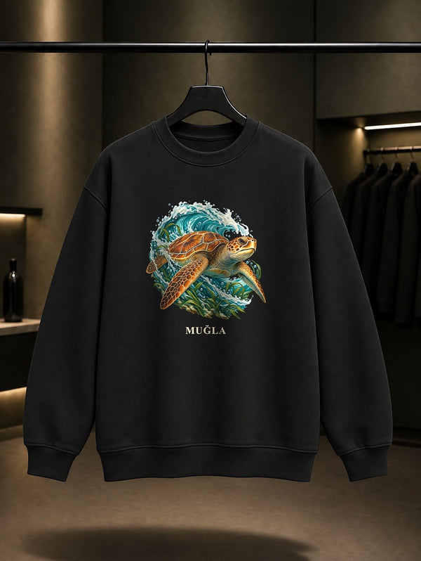 Muğla Caretta Caretta baskılı siyah sweatshirt