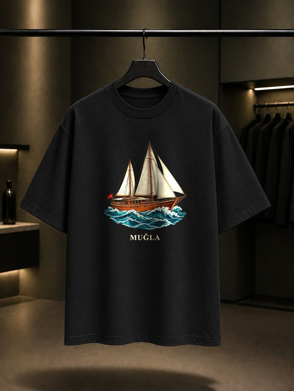 Muğla Bodrum Guleti baskılı siyah t-shirt