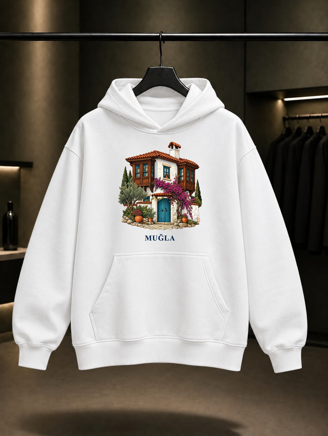 Muğla Evleri baskılı beyaz kapüşonlu sweatshirt