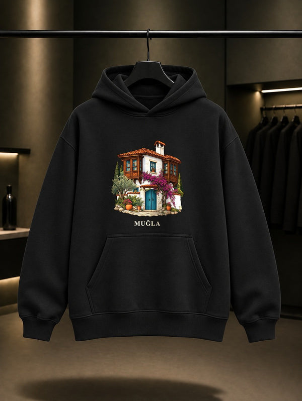Muğla Evleri baskılı siyah kapüşonlu sweatshirt