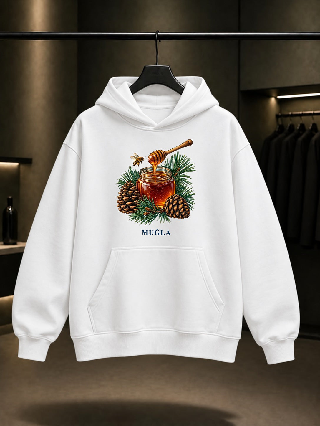 Muğla Çam Balı baskılı beyaz kapüşonlu sweatshirt