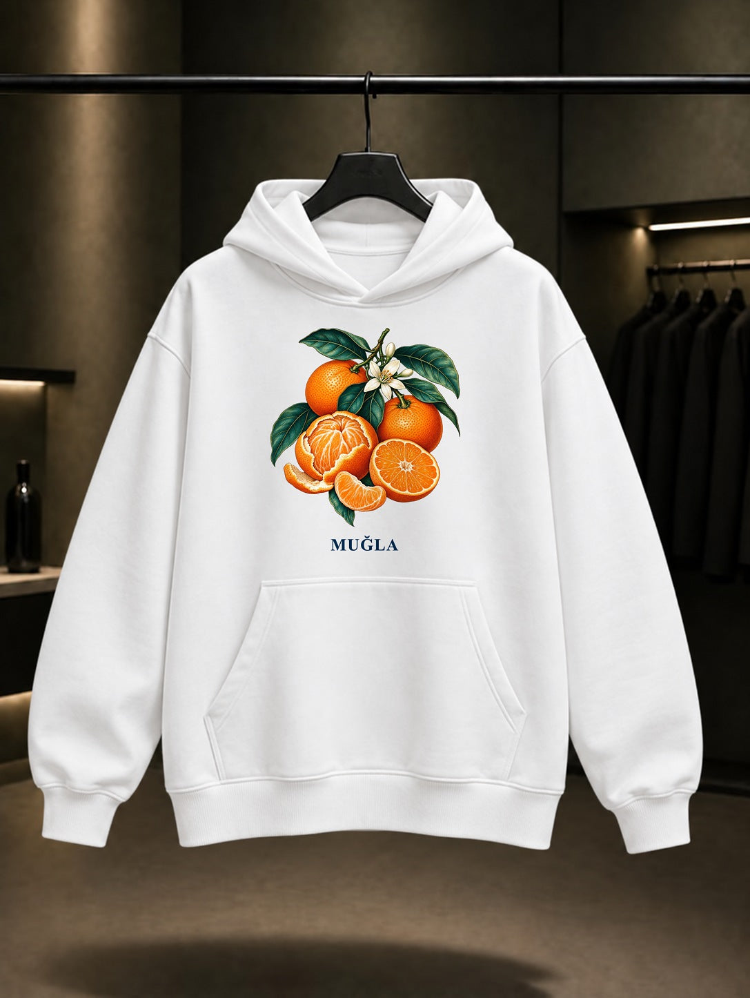 Muğla Bodrum Mandalinası baskılı beyaz kapüşonlu sweatshirt