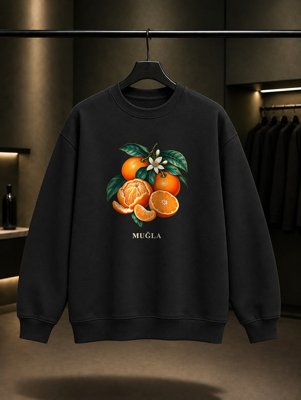Muğla Bodrum Mandalinası baskılı siyah sweatshirt