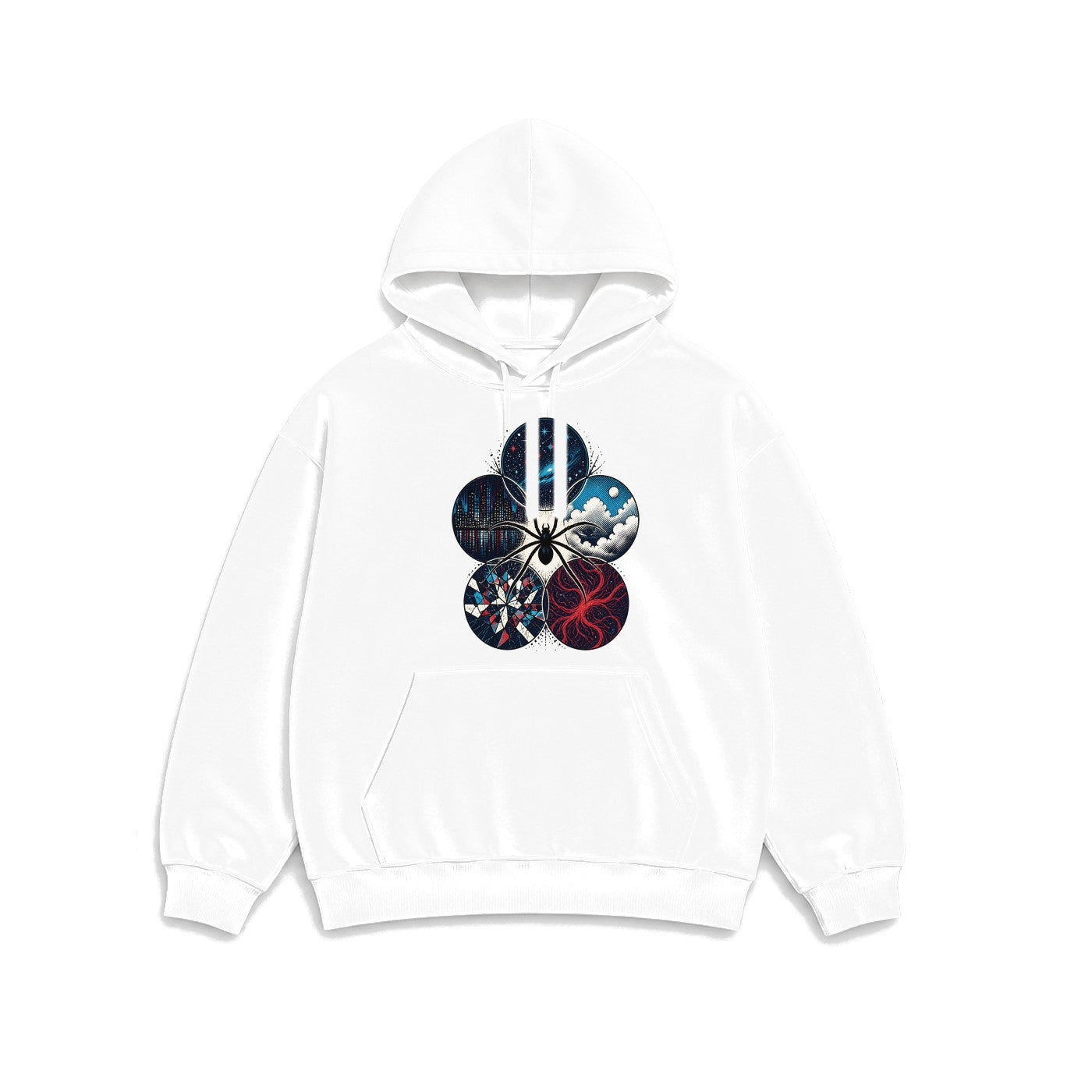Çoklu Evren Örümceği baskılı beyaz kapüşonlu sweatshirt