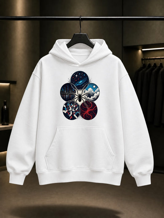 Çoklu Evren Örümceği baskılı beyaz kapüşonlu sweatshirt