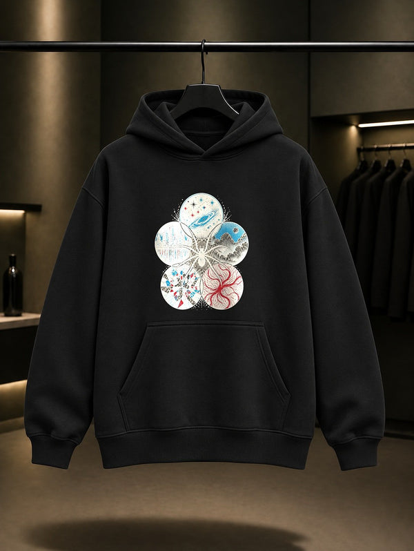 Çoklu Evren Örümceği baskılı siyah kapüşonlu sweatshirt