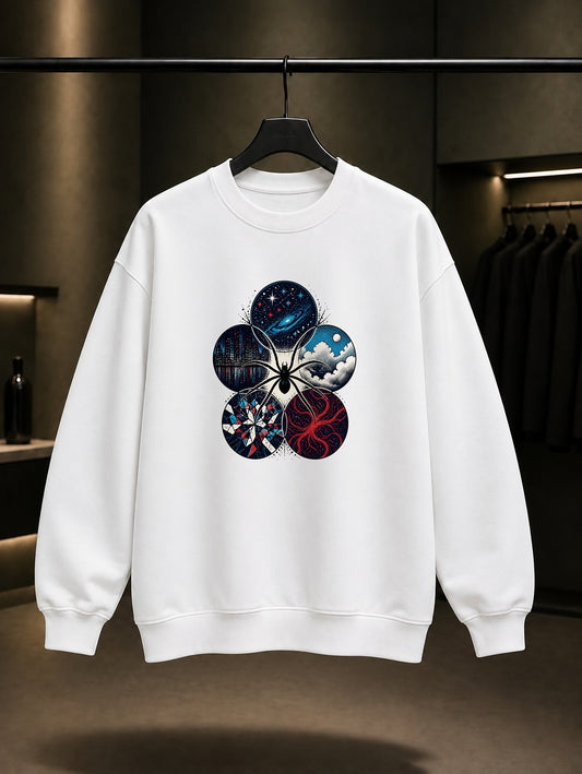 Çoklu Evren Örümceği baskılı beyaz sweatshirt