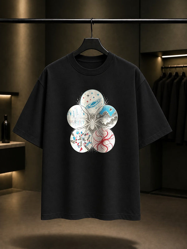 Çoklu Evren Örümceği baskılı siyah t-shirt