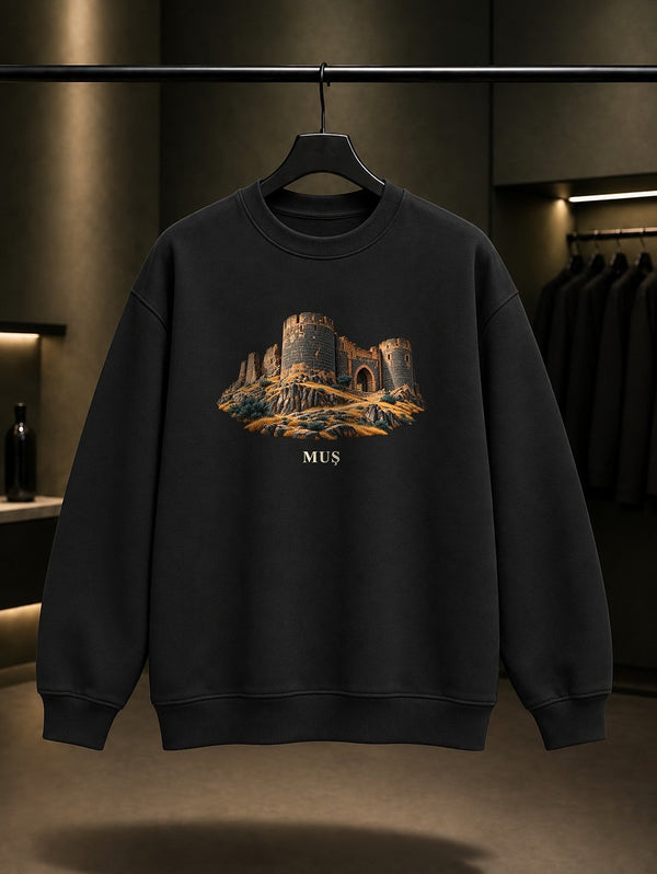 Muş Malazgirt Kalesi baskılı siyah sweatshirt