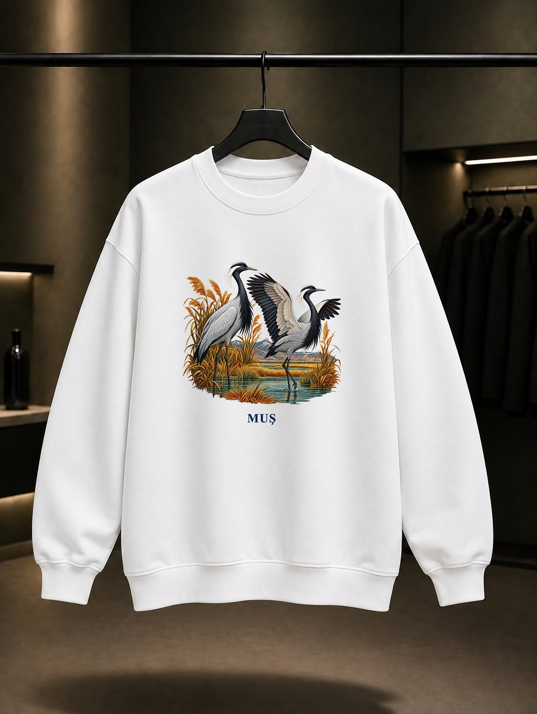 Muş Telli Turna baskılı beyaz sweatshirt