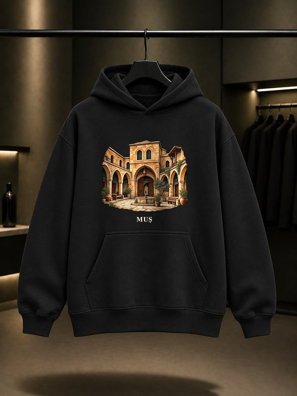 Muş Yildizli Han baskılı siyah kapüşonlu sweatshirt