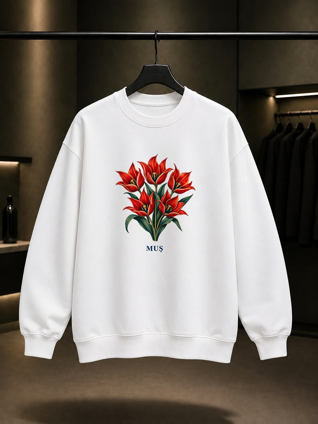 Muş Lalesi baskılı beyaz sweatshirt