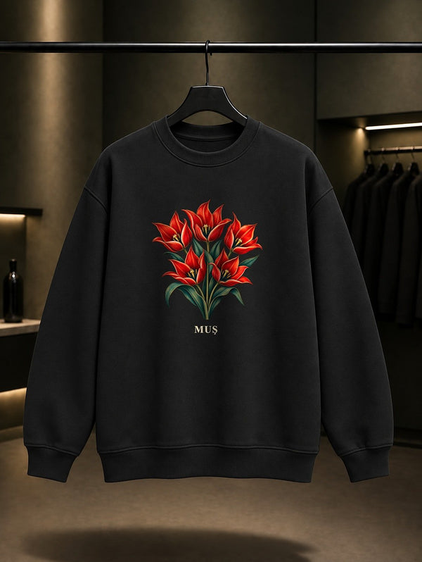 Muş Lalesi baskılı siyah sweatshirt