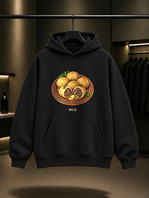 Muş Köftesi baskılı siyah kapüşonlu sweatshirt