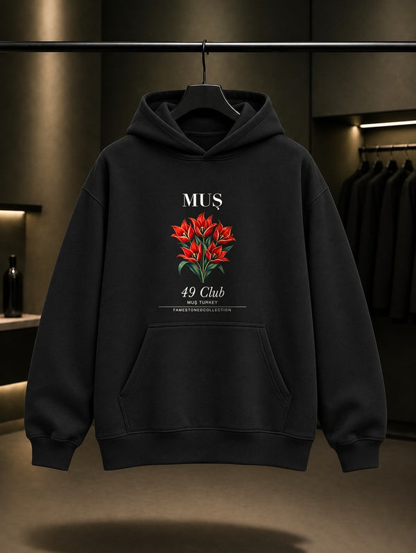 Muş Lalesi 49 Club baskılı siyah kapüşonlu sweatshirt