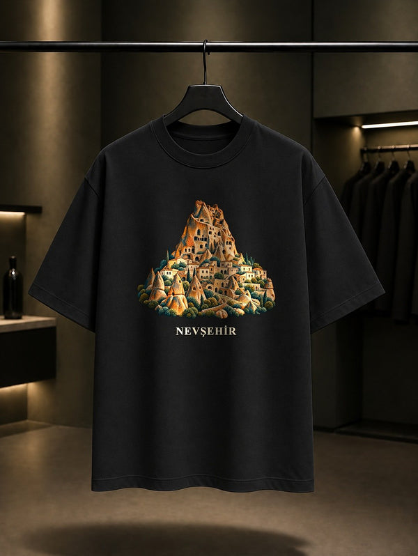Nevşehir Uçhisar Kalesi baskılı siyah t-shirt