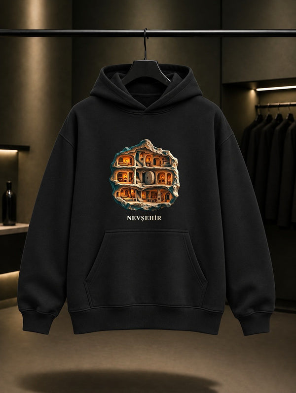 Nevşehir Derinkuyu baskılı siyah kapüşonlu sweatshirt