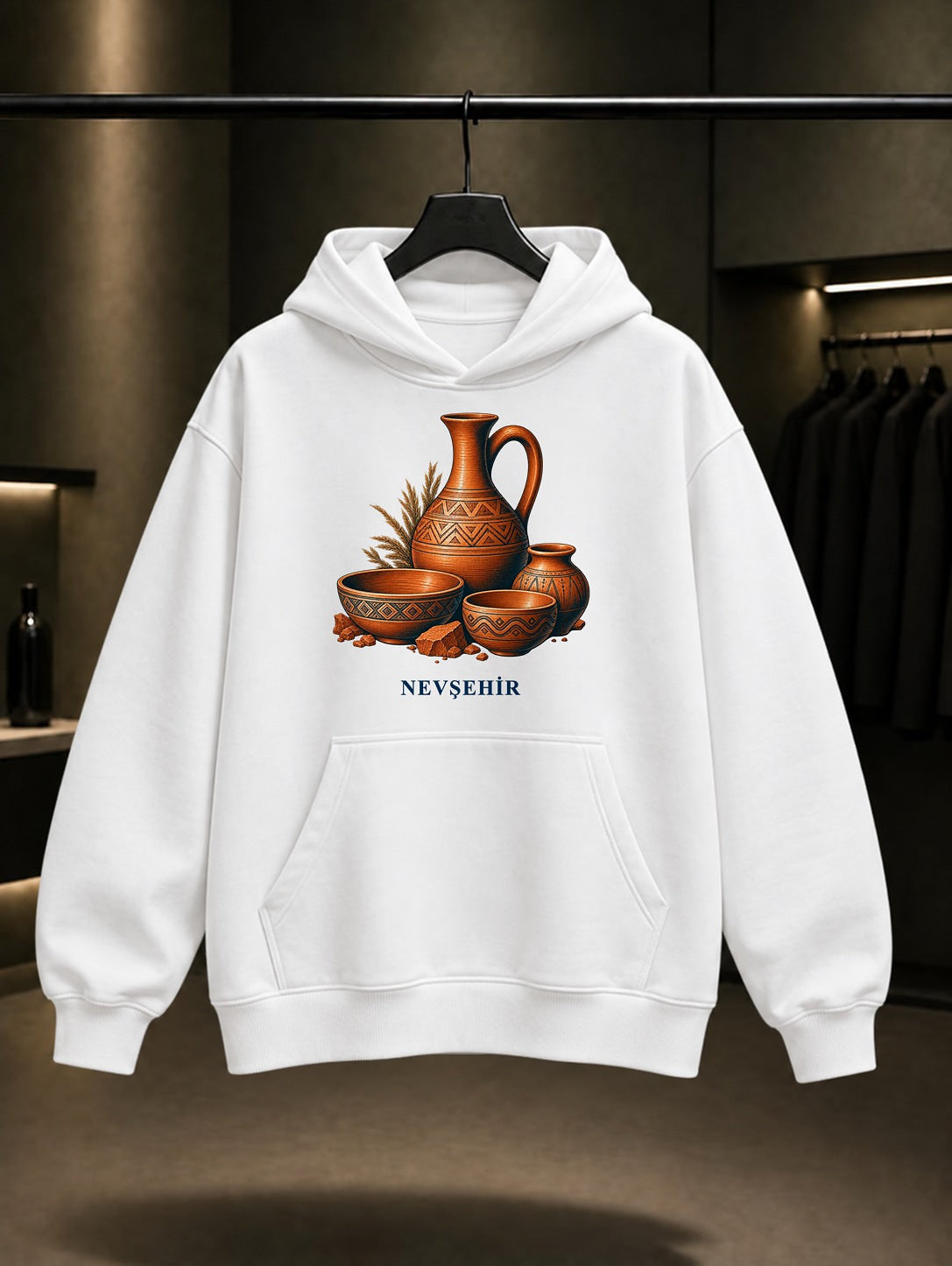 Nevşehir Avanos Çömlek baskılı beyaz kapüşonlu sweatshirt