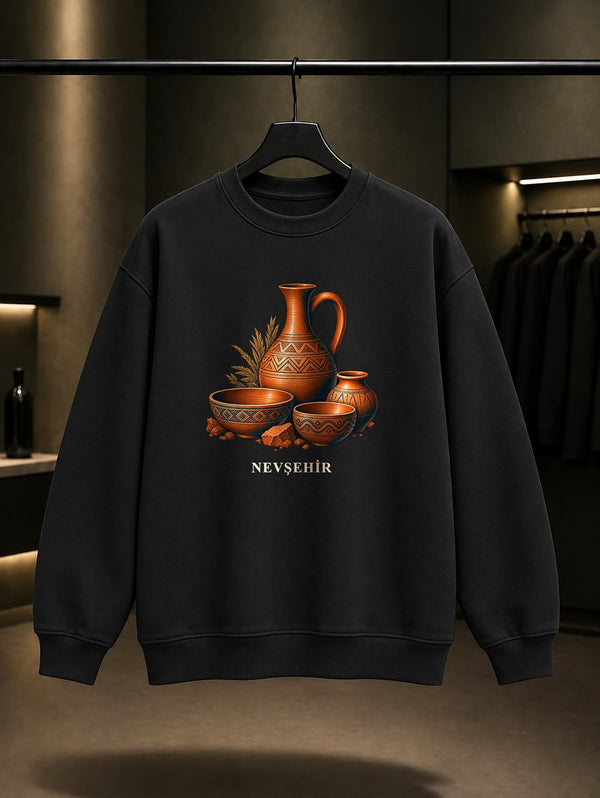 Nevşehir Avanos Çömlek baskılı siyah sweatshirt