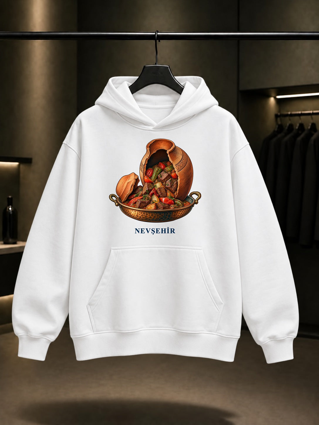 Nevşehir Testi Kebabı baskılı beyaz kapüşonlu sweatshirt