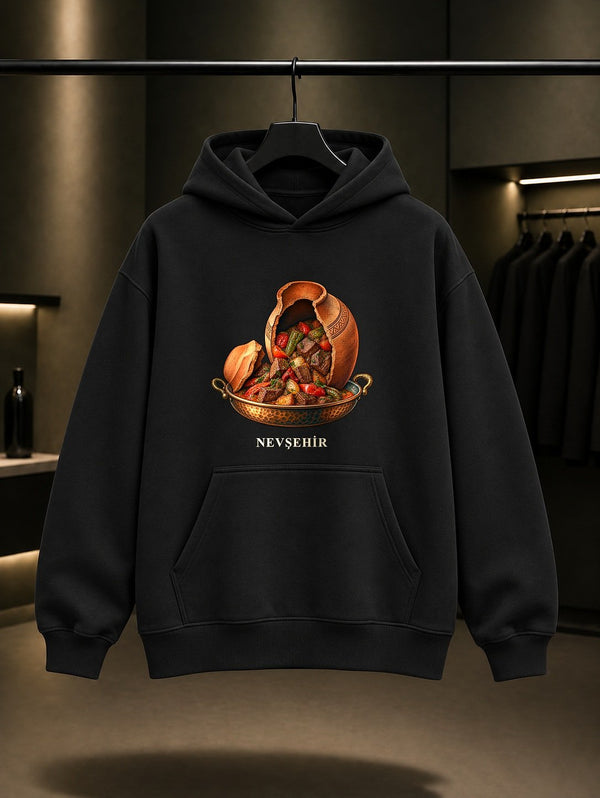Nevşehir Testi Kebabı baskılı siyah kapüşonlu sweatshirt