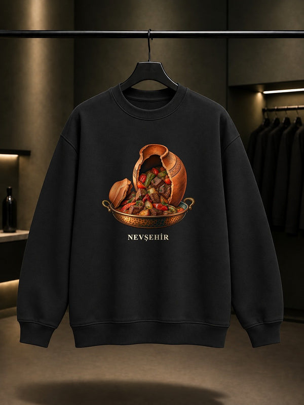 Nevşehir Testi Kebabı baskılı siyah sweatshirt