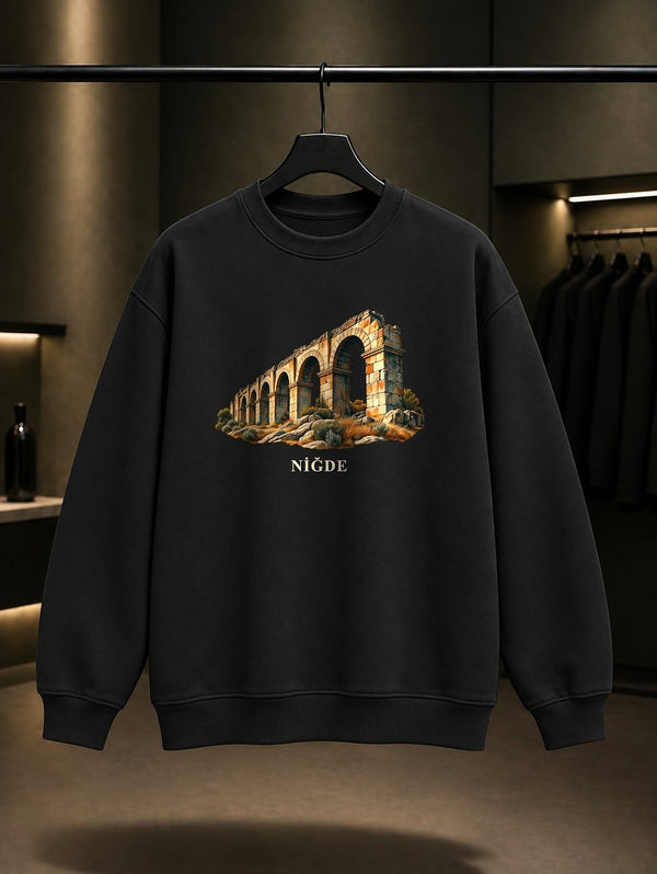 Niğde Tyana Su Kemerleri baskılı siyah sweatshirt