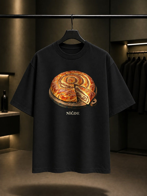 Niğde Tahinli Çörek baskılı siyah t-shirt