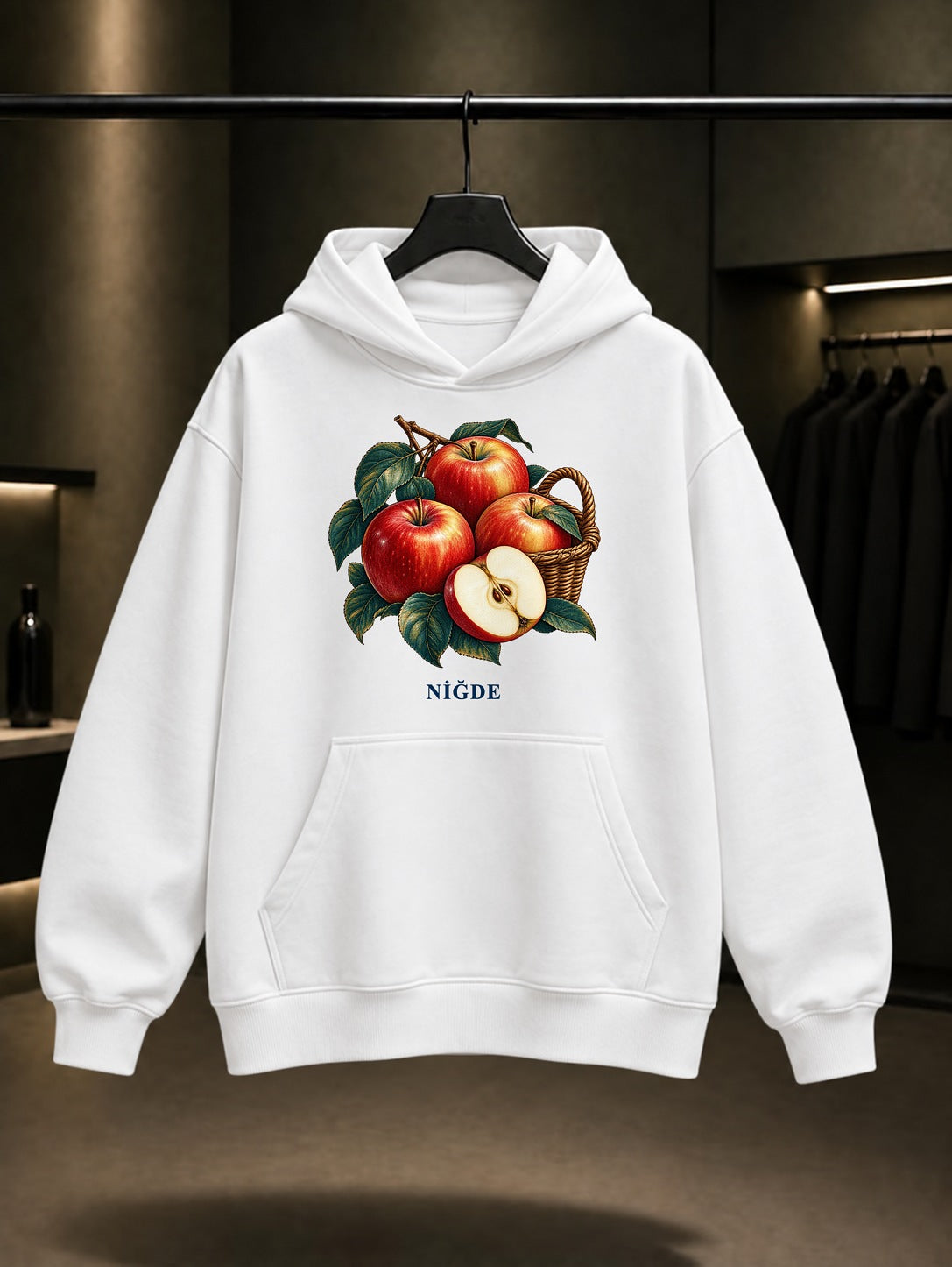 Niğde Elması baskılı beyaz kapüşonlu sweatshirt