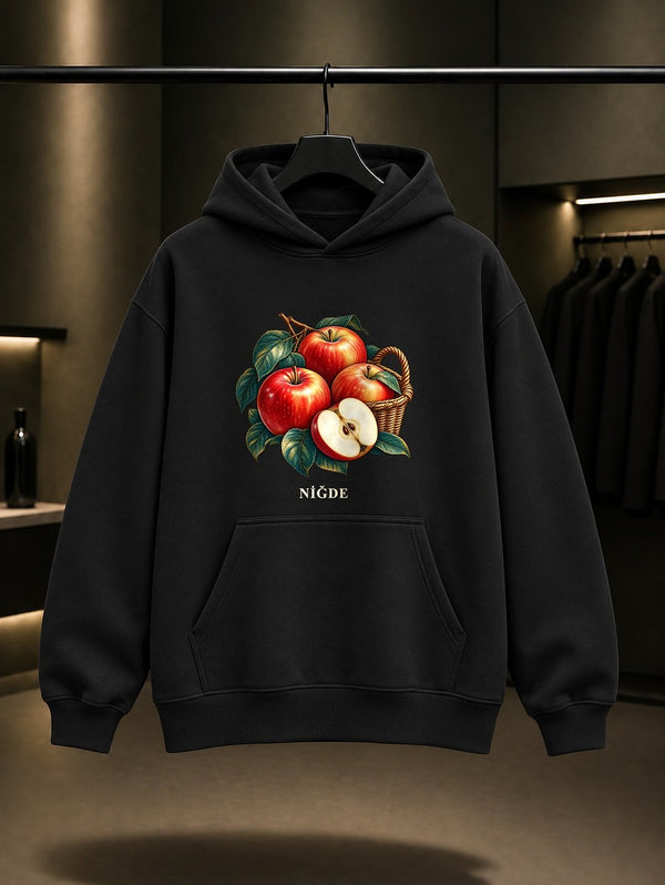 Niğde Elması baskılı siyah kapüşonlu sweatshirt