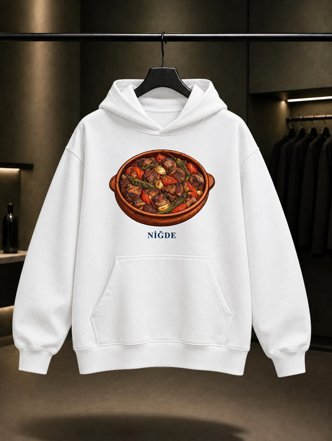 Niğde Tava baskılı beyaz kapüşonlu sweatshirt