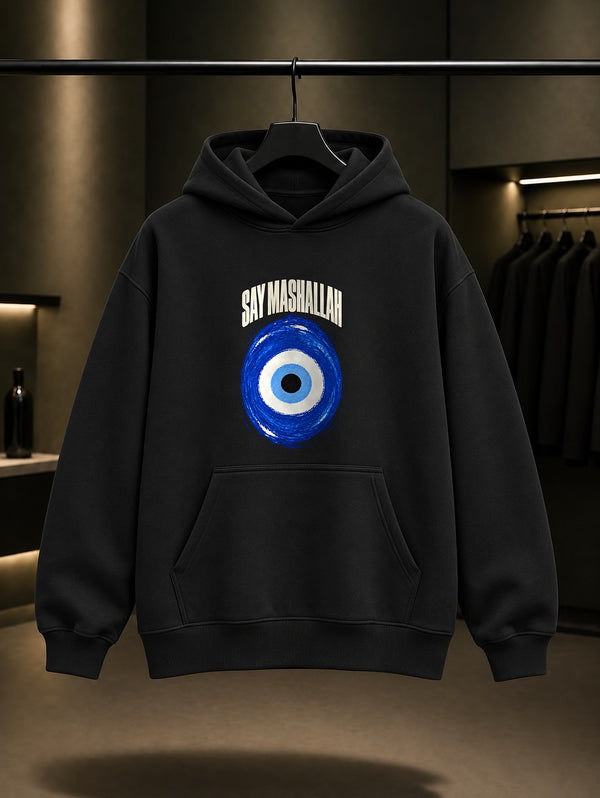 Maşallah De Baskılı Unisex %100 Pamuk Kapüşonlu Sweatshirt · Nazar